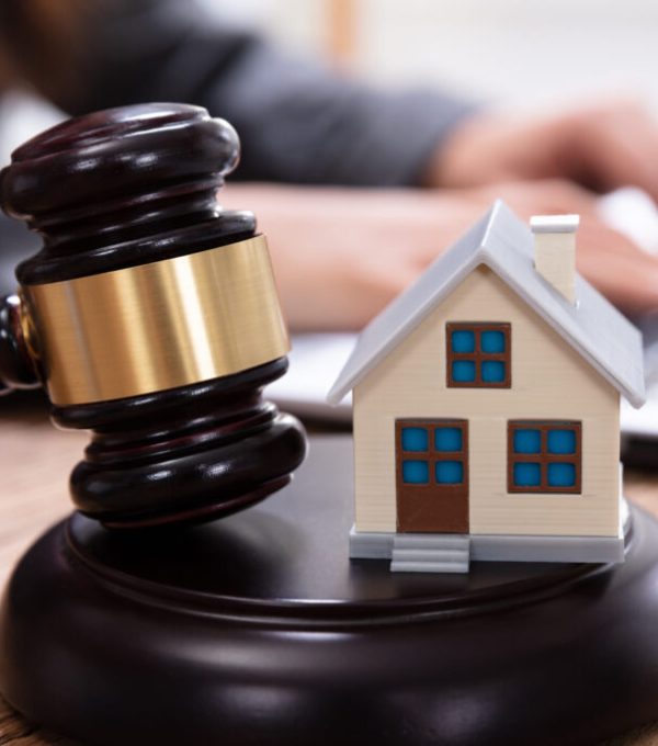 House,Model,With,Gavel,In,Front,Of,A,Businessperson,Using